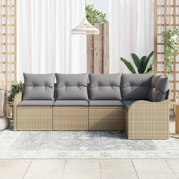 5-teiliges Garten-Sofa-Set mit Kissen Beige Poly Rattan, 2-Sitzer Garten-Sofa mit Stauraum & Kissen Beige Poly Rattan