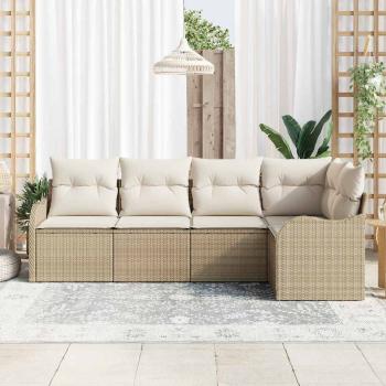 5-teiliges Garten Sofa Set mit Kissen Beige Poly Rattan, 2-Sitzer Garten Sofa mit Stauraum & Kissen Beige Poly Rattan