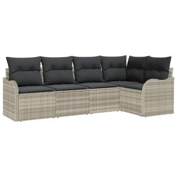 5-teiliges Garten Sofa Set mit Kissen aus hellgrauem Poly Rattan, 2-Sitzer Garten Sofa mit Stauraum & Kissen aus hellgrauem Poly Rattan