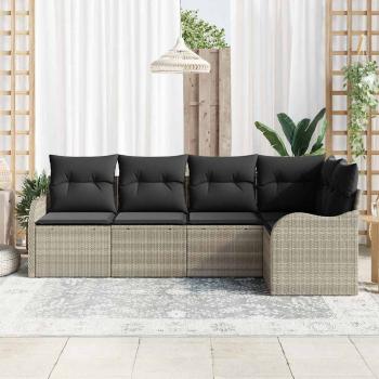 5-teiliges Garten Sofa Set mit Kissen aus hellgrauem Poly Rattan, 2-Sitzer Garten Sofa mit Stauraum & Kissen aus hellgrauem Poly Rattan