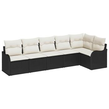 6-teiliges Garten Sofa Set mit Kissen schwarz Poly Rattan, 2-Sitzer Garten Sofa mit Stauraum & Kissen schwarz Poly Rattan