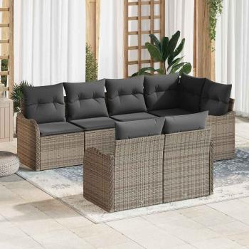 ARDEBO.de - 7-teiliges Garten-Sofa-Set mit Kissen Grau Poly Rattan, 2-Sitzer Garten-Sofa mit Stauraum & Kissen Grau Poly Rattan