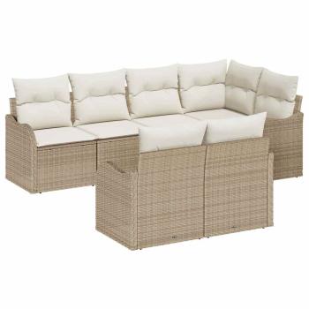 7-teiliges Garten-Sofa-Set mit Kissen beige Poly Rattan, 2-Sitzer Garten-Sofa mit Stauraum & Kissen beige Poly Rattan