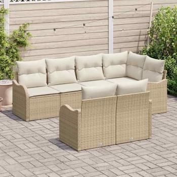 7-teiliges Garten-Sofa-Set mit Kissen beige Poly Rattan, 2-Sitzer Garten-Sofa mit Stauraum & Kissen beige Poly Rattan