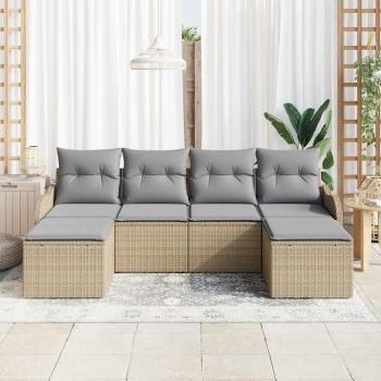 6-teiliges Garten Sofa Set mit Kissen Beige Poly Rattan, 2-Sitzer Garten Sofa mit Stauraum & Kissen Beige Poly Rattan