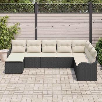 8-teiliges Garten Sofa Set mit Kissen Schwarz Poly Rattan, 2-Sitzer Garten Sofa mit Stauraum & Kissen Schwarz Poly Rattan