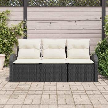 3-teiliges Garten Sofa Set mit Kissen Schwarz Poly Rattan, 2-Sitzer Garten Sofa mit Stauraum & Kissen Schwarz Poly Rattan