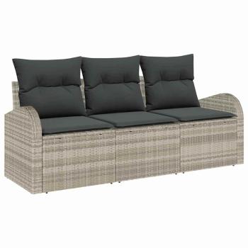 3-teiliges Garten Sofa Set mit Kissen Hellgrau Poly Rattan, 2-Sitzer Garten Sofa mit Stauraum & Kissen Hellgrau Poly Rattan
