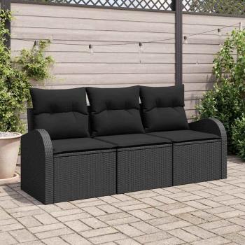 ARDEBO.de - 3-teiliges Garten-Sofa-Set mit Kissen Schwarz Poly Rattan, 2-Sitzer Garten-Sofa mit Stauraum & Kissen Schwarz Poly Rattan