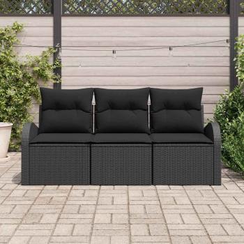 3-teiliges Garten-Sofa-Set mit Kissen Schwarz Poly Rattan, 2-Sitzer Garten-Sofa mit Stauraum & Kissen Schwarz Poly Rattan