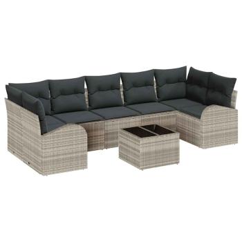 8-teiliges Garten-Sofa-Set mit Kissen Hellgrau Poly Rattan, 2-Sitzer Garten-Sofa mit Stauraum & Kissen Hellgrau Poly Rattan
