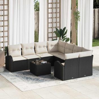 ARDEBO.de - 9-teiliges Garten-Sofa-Set mit Kissen Schwarz Poly Rattan, 2-Sitzer Garten Sofa mit Stauraum & Kissen Schwarz Poly Rattan