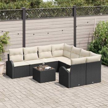 9-teiliges Garten-Sofa-Set mit Kissen Schwarz Poly Rattan, 2-Sitzer Garten Sofa mit Stauraum & Kissen Schwarz Poly Rattan