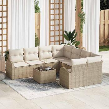 ARDEBO.de - 9-teiliges Garten Sofa Set mit Kissen Beige Poly Rattan, 2-Sitzer Garten Sofa mit Stauraum & Kissen Beige Poly Rattan