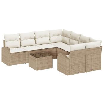 9-teiliges Garten Sofa Set mit Kissen Beige Poly Rattan, 2-Sitzer Garten Sofa mit Stauraum & Kissen Beige Poly Rattan