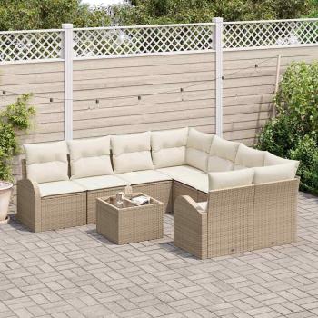 9-teiliges Garten Sofa Set mit Kissen Beige Poly Rattan, 2-Sitzer Garten Sofa mit Stauraum & Kissen Beige Poly Rattan