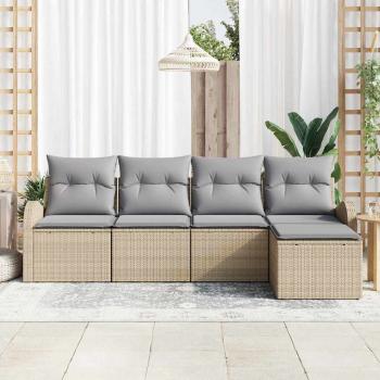 5-teiliges Garten Sofa Set mit Kissen Beige Poly Rattan, 2-Sitzer Garten Sofa mit Stauraum & Kissen Beige Poly Rattan