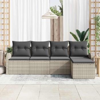 5-teiliges Garten Sofa Set mit Kissen in Hellgrau aus Poly Rattan, 2-Sitzer Garten Sofa mit Stauraum & Kissen in Hellgrau aus Poly Rattan