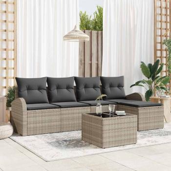 ARDEBO.de - 6-teiliges Garten-Sofa-Set mit Kissen Graues Poly-Rattan, 2-Sitzer Garten-Sofa mit Stauraum & Kissen Hellgraues Poly-Rattan