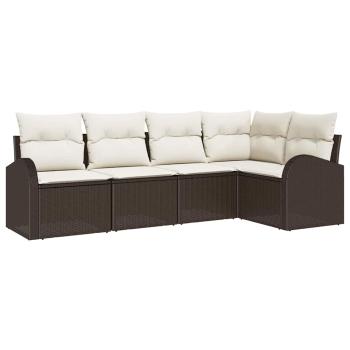 5-teiliges Garten-Sofa-Set mit Kissen Braun Poly Rattan, 2-Sitzer Garten-Sofa mit Stauraum & Kissen Braun Poly Rattan