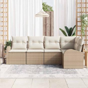 5-teiliges Garten Sofa Set mit Kissen Beige Poly Rattan, 2-Sitzer Garten Sofa mit Stauraum & Kissen Beige Poly Rattan