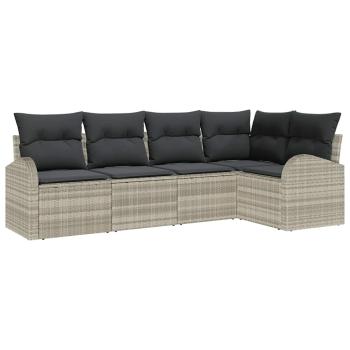 5 Teile Garten Sofa Set mit Kissen Hellgrau Poly Rattan, 2-Sitzer Garten Sofa mit Stauraum & Kissen Hellgrau Poly Rattan
