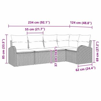 5 Teile Garten Sofa Set mit Kissen Hellgrau Poly Rattan, 2-Sitzer Garten Sofa mit Stauraum & Kissen Hellgrau Poly Rattan