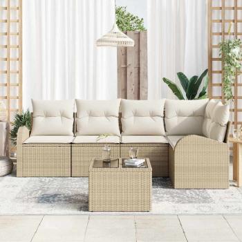 6-teiliges Garten Sofa Set mit Kissen Braun Poly Rattan, 2-Sitzer Garten Sofa mit Stauraum & Kissen Beige Poly Rattan
