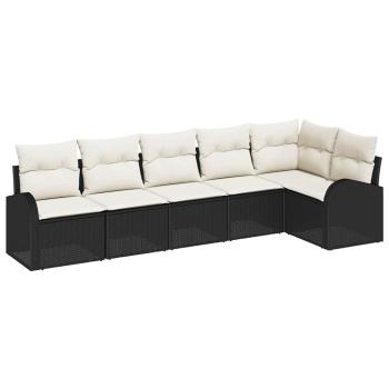 6-teiliges Garten-Sofa-Set mit Kissen Schwarz Poly Rattan, 2-Sitzer Garten-Sofa mit Stauraum & Kissen Schwarz Poly Rattan