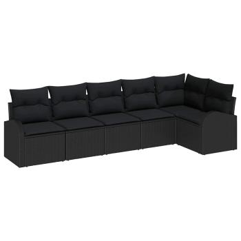 6-teiliges Garten Sofa Set mit Kissen aus schwarzem Poly Rattan, 2-Sitzer Garten Sofa mit Stauraum & Kissen aus schwarzem Poly Rattan