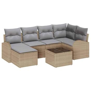 7-teiliges Garten-Sofa-Set mit Kissen Schwarz Poly Rattan, 2-Sitzer Garten-Sofa mit Stauraum & Kissen Beige Poly Rattan