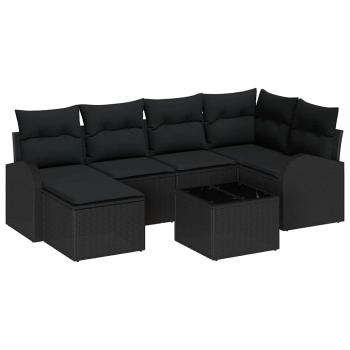 7-teiliges Garten Sofa Set mit Kissen Beige Poly Rattan, 2-Sitzer Garten Sofa mit Stauraum & Kissen Schwarz Poly Rattan