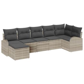 7-teiliges Garten-Sofaset mit Kissen Hellgrau Poly Rattan, 2-Sitzer Garten-Sofa mit Stauraum & Kissen Hellgrau Poly Rattan