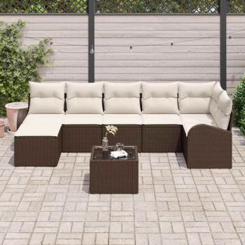 7-teiliges Garten Sofa Set mit Kissen Grau Poly Rattan, 2-Sitzer Garten Sofa mit Stauraum & Kissen Braun Poly Rattan