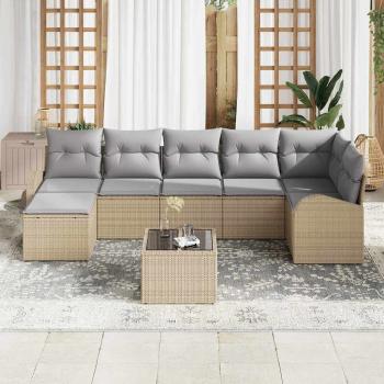 8-teiliges Garten-Sofa-Set mit Kissen Schwarz Poly-Rattan, 2-Sitzer Garten-Sofa mit Stauraum & Kissen Beige Poly-Rattan