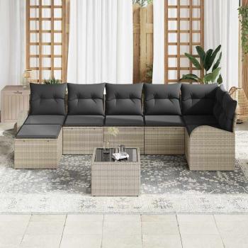8-teiliges Garten Sofa Set mit Kissen Grau Poly Rattan, 2-Sitzer Garten Sofa mit Stauraum & Kissen Hellgrau Poly Rattan