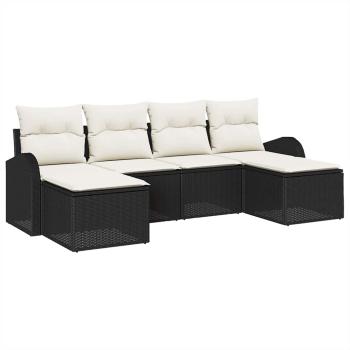 6-teiliges Garten-Sofa-Set mit Kissen Schwarzes Poly-Rattan, 2-Sitzer Garten-Sofa mit Stauraum & Kissen Schwarzes Poly-Rattan