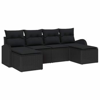 6-teiliges Garten-Sofaset mit Kissen Schwarzes Poly-Rattan, 2-Sitzer Garten-Sofa mit Stauraum & Kissen Schwarzes Poly-Rattan