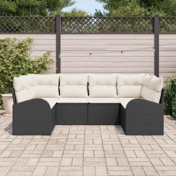 6-teiliges Garten-Sofa-Set mit Kissen Schwarz Poly Rattan, 2-Sitzer Garten-Sofa mit Stauraum & Kissen Schwarz Poly Rattan