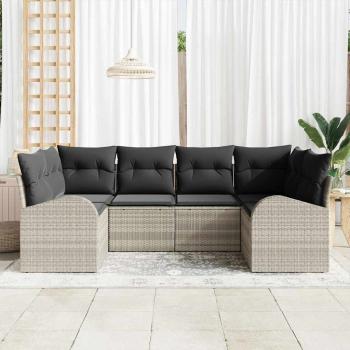 6-teiliges Garten Sofa Set mit Kissen Hellgrau Poly-Rattan, 2-Sitzer Garten Sofa mit Stauraum & Kissen Hellgrau Poly-Rattan