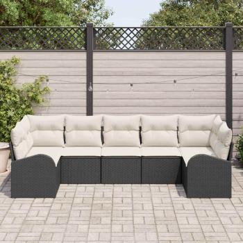 7-teiliges Garten-Sofa-Set mit Kissen in Schwarz Poly-Rattan, 2-Sitzer Garten-Sofa mit Stauraum & Kissen in Schwarz Poly-Rattan