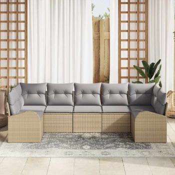 7-teiliges Garten-Sofa-Set mit Kissen Beige Poly Rattan, 2-Sitzer Garten-Sofa mit Stauraum & Kissen Beige Poly Rattan