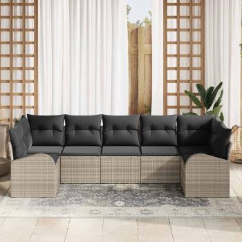 7-teiliges Gartenloungeset mit Kissen Hellgrau Poly Rattan, 2-Sitzer Gartenlounge mit Stauraum & Kissen Hellgrau Poly Rattan