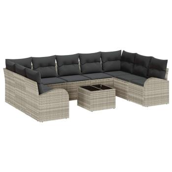 10-teiliges Garten Sofa Set mit Kissen Grau Poly Rattan, 2-Sitzer Garten Sofa mit Stauraum & Kissen Hellgrau Poly Rattan