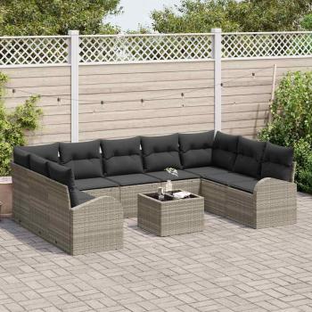10-teiliges Garten Sofa Set mit Kissen Grau Poly Rattan, 2-Sitzer Garten Sofa mit Stauraum & Kissen Hellgrau Poly Rattan