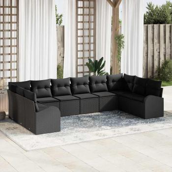 ARDEBO.de - 10-teiliges Garten Sofa Set mit Kissen Schwarz Poly Rattan, 2-Sitzer Garten Sofa mit Stauraum & Kissen Schwarz Poly Rattan