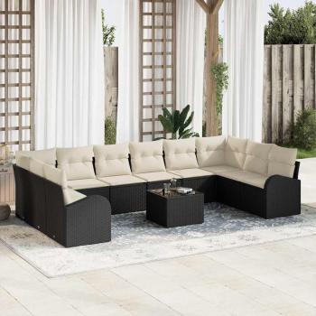 ARDEBO.de - 10-teiliges Garten Sofa Set mit Kissen Braunes Poly Rattan, 2-Sitzer Garten Sofa mit Stauraum & Kissen Schwarzes Poly Rattan