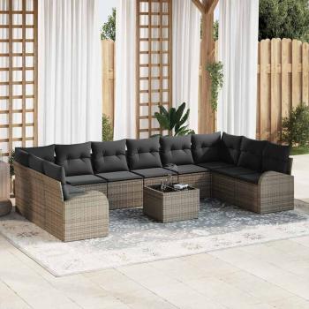 ARDEBO.de - 10-teiliges Garten-Sofa-Set mit Kissen Schwarz Poly-Rattan, 2-Sitzer Garten-Sofa mit Stauraum & Kissen Grau Poly-Rattan