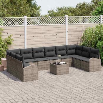 10-teiliges Garten-Sofa-Set mit Kissen Schwarz Poly-Rattan, 2-Sitzer Garten-Sofa mit Stauraum & Kissen Grau Poly-Rattan