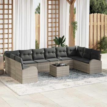ARDEBO.de - 11-teilige Garten Sofa Set mit Kissen Grau Poly Rattan, 2-Sitzer Garten Sofa mit Stauraum & Kissen Hellgrau Poly Rattan